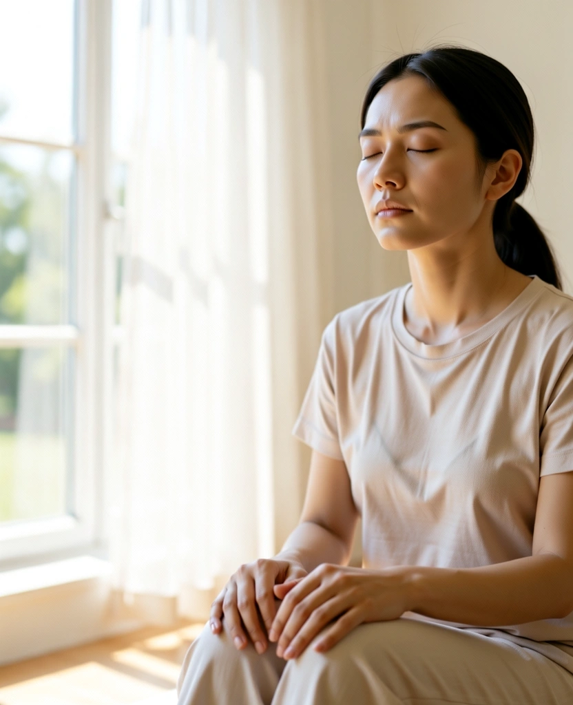 Person practicing deep breathing for stress reduction